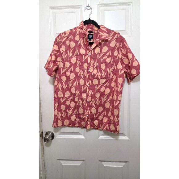 NWT GAP Men's XS Red & Beige Floral Linen Short Sleeve Button-Up Shirt With Poc - Picture 2 of 6